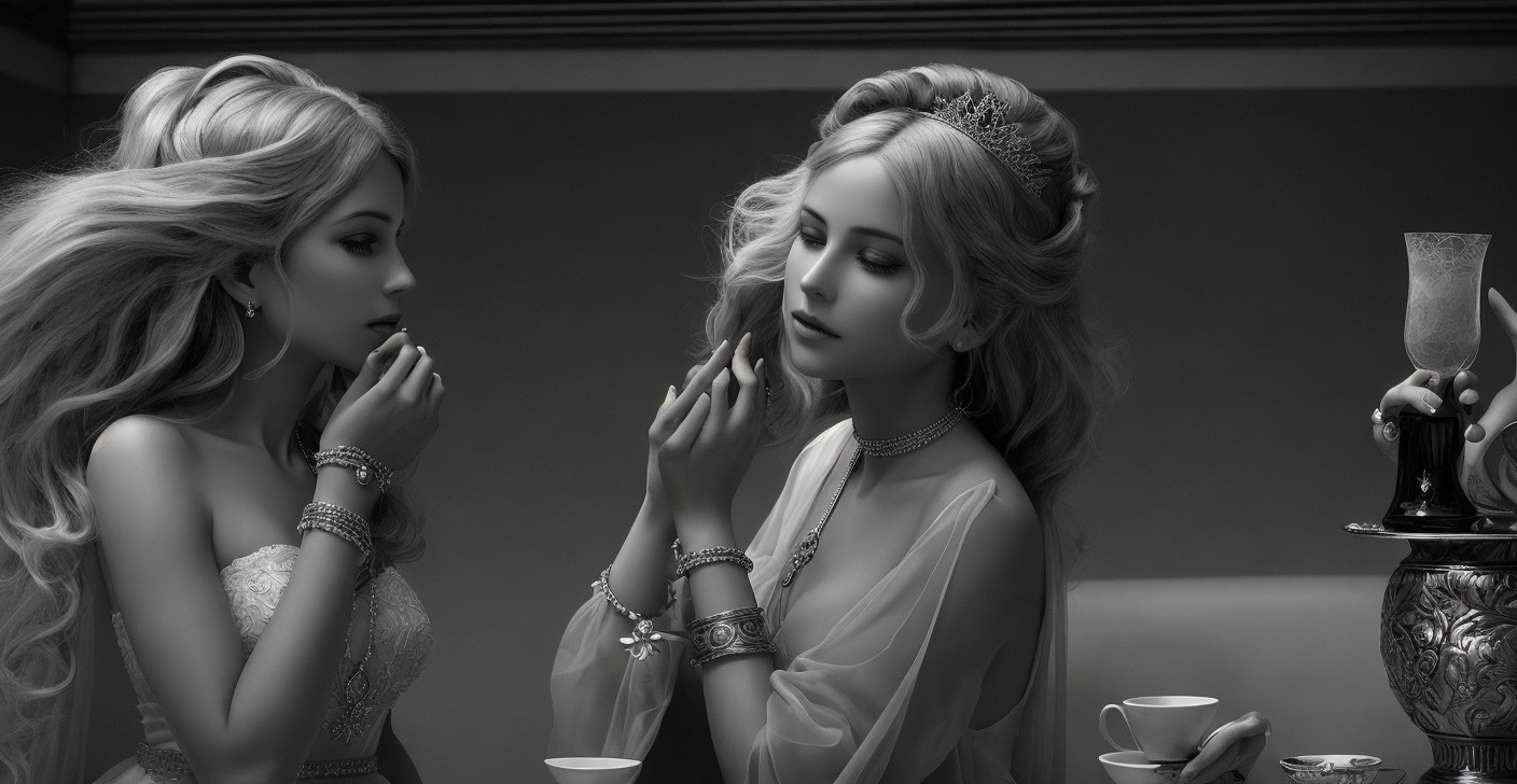 Elegant Women in Black-and-White Intimate Setting