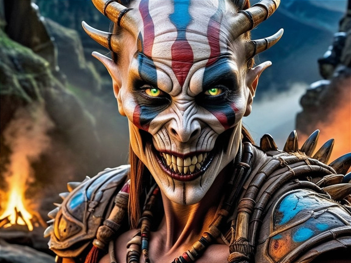 Fierce Warrior with Tribal Face Paint and Horns