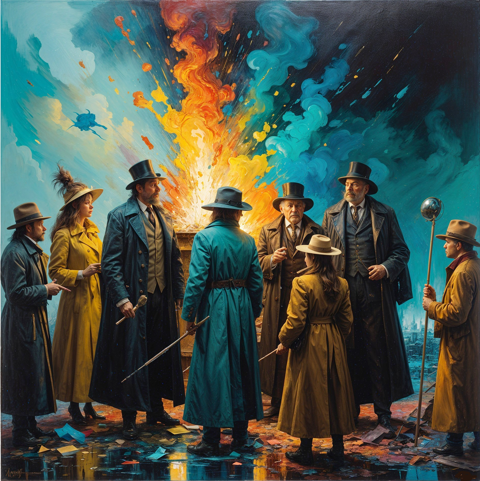Elegantly Dressed Individuals Gather Around Fire Scene