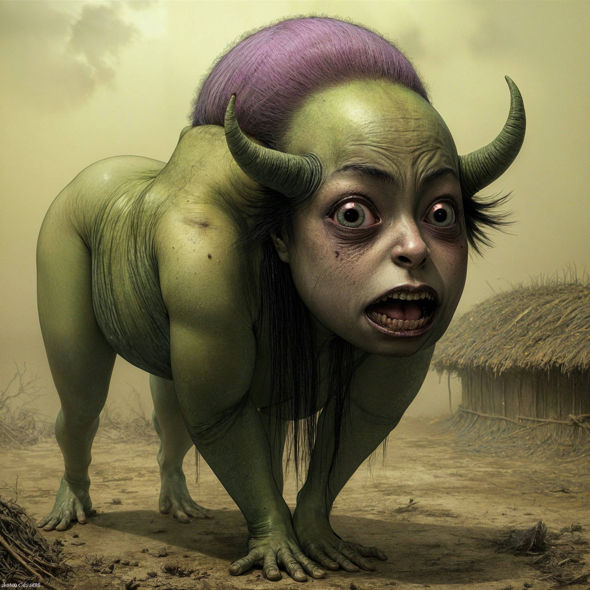 Surreal Green Creature in Misty Landscape
