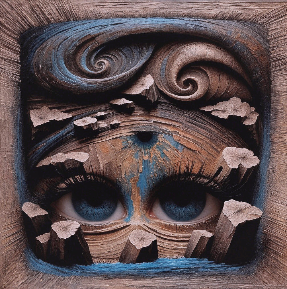 Abstract Composition with Large Eyes and Textured Swirls