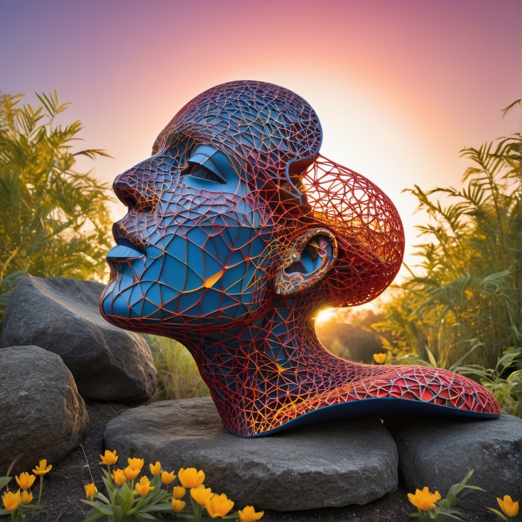 Sculpture of Human Head with Lattice Design in Nature