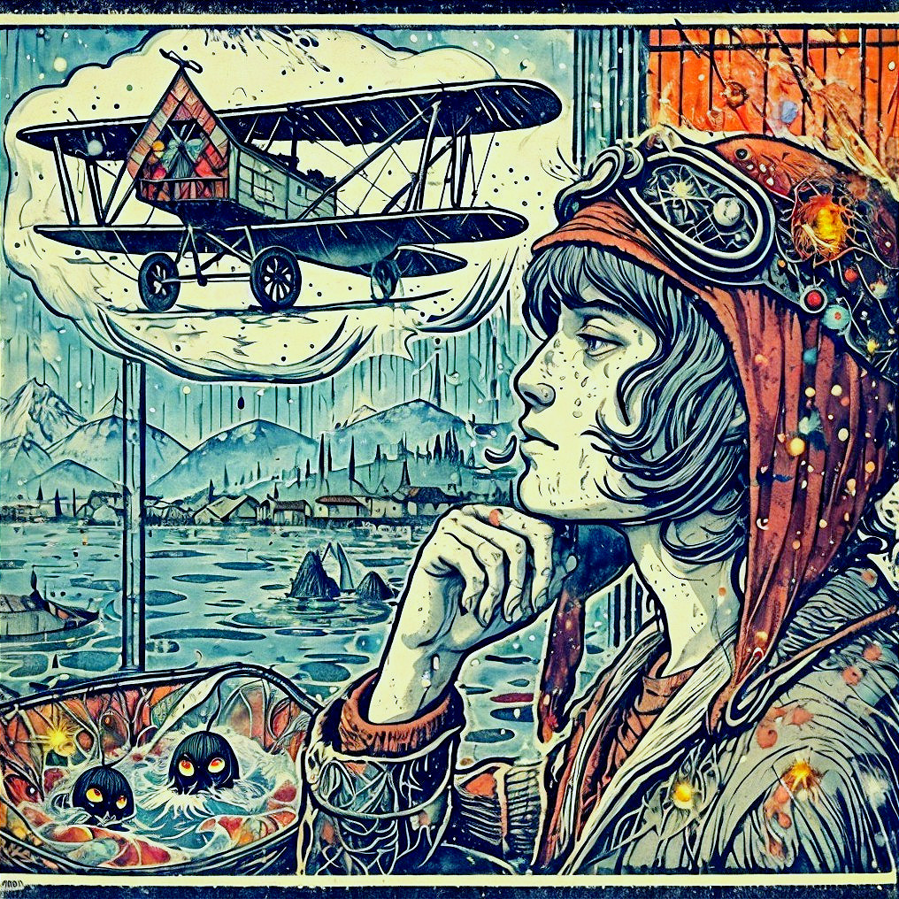 Vintage Aviator Illustration with Biplane and Landscape