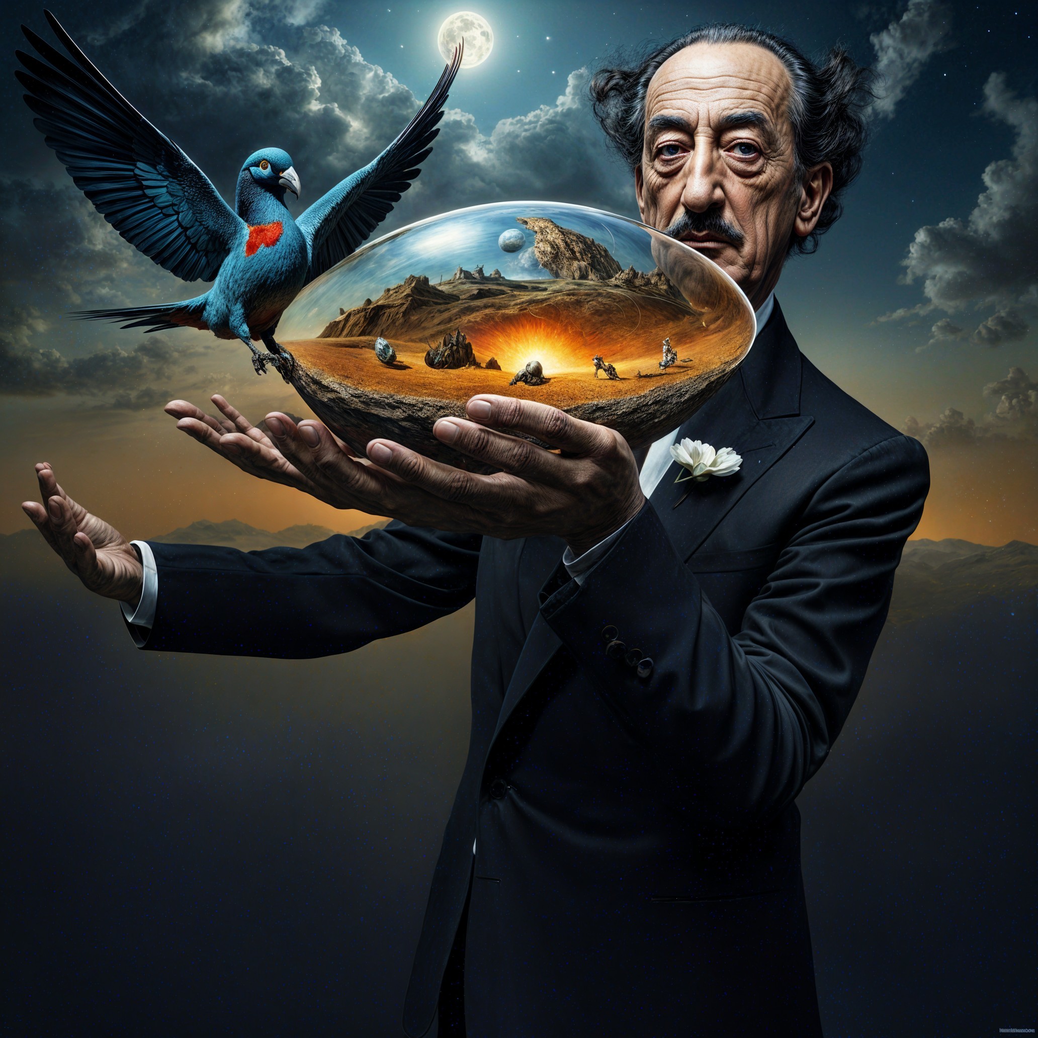 Surreal Scene of Man with Glass Sphere and Bird