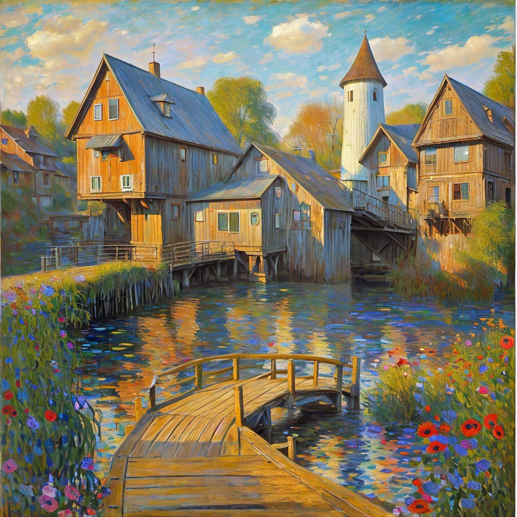 Charming Village Scene with Wooden Houses and Waterway