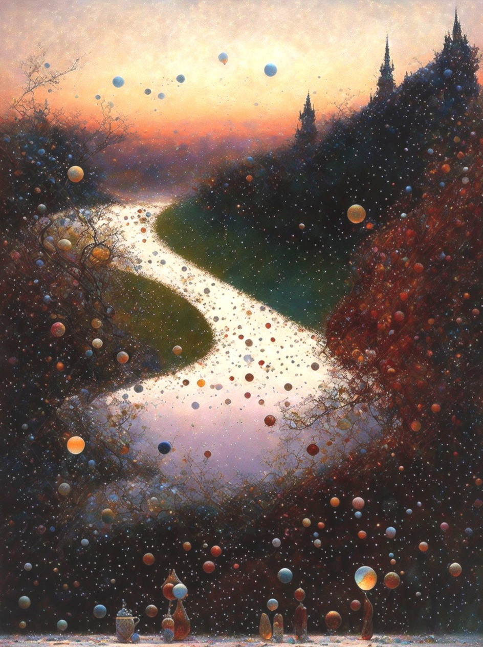Surreal Landscape with Winding River and Floating Orbs