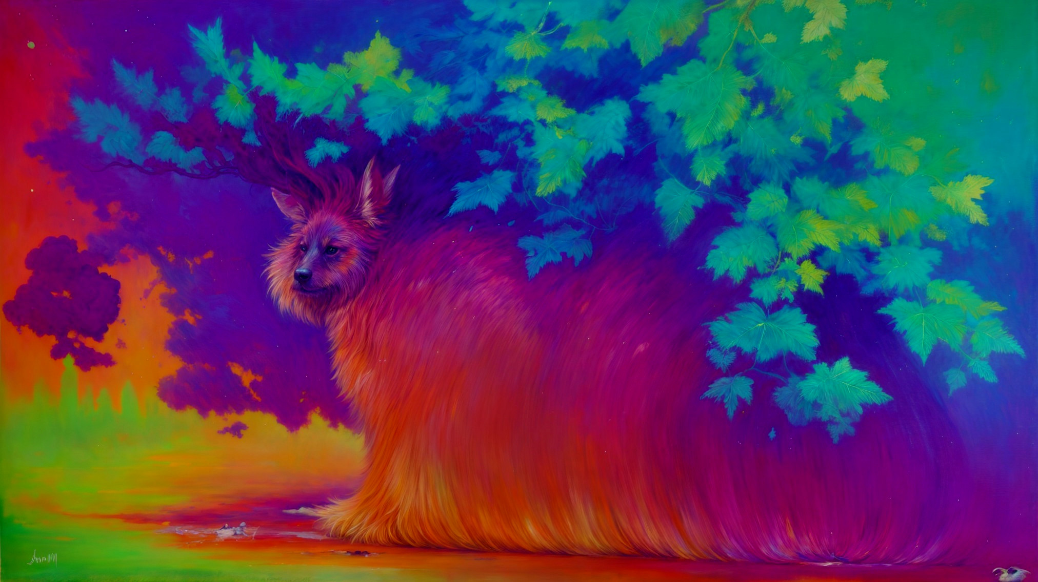 Surreal Painting of Colorful Dog-Tree Creature