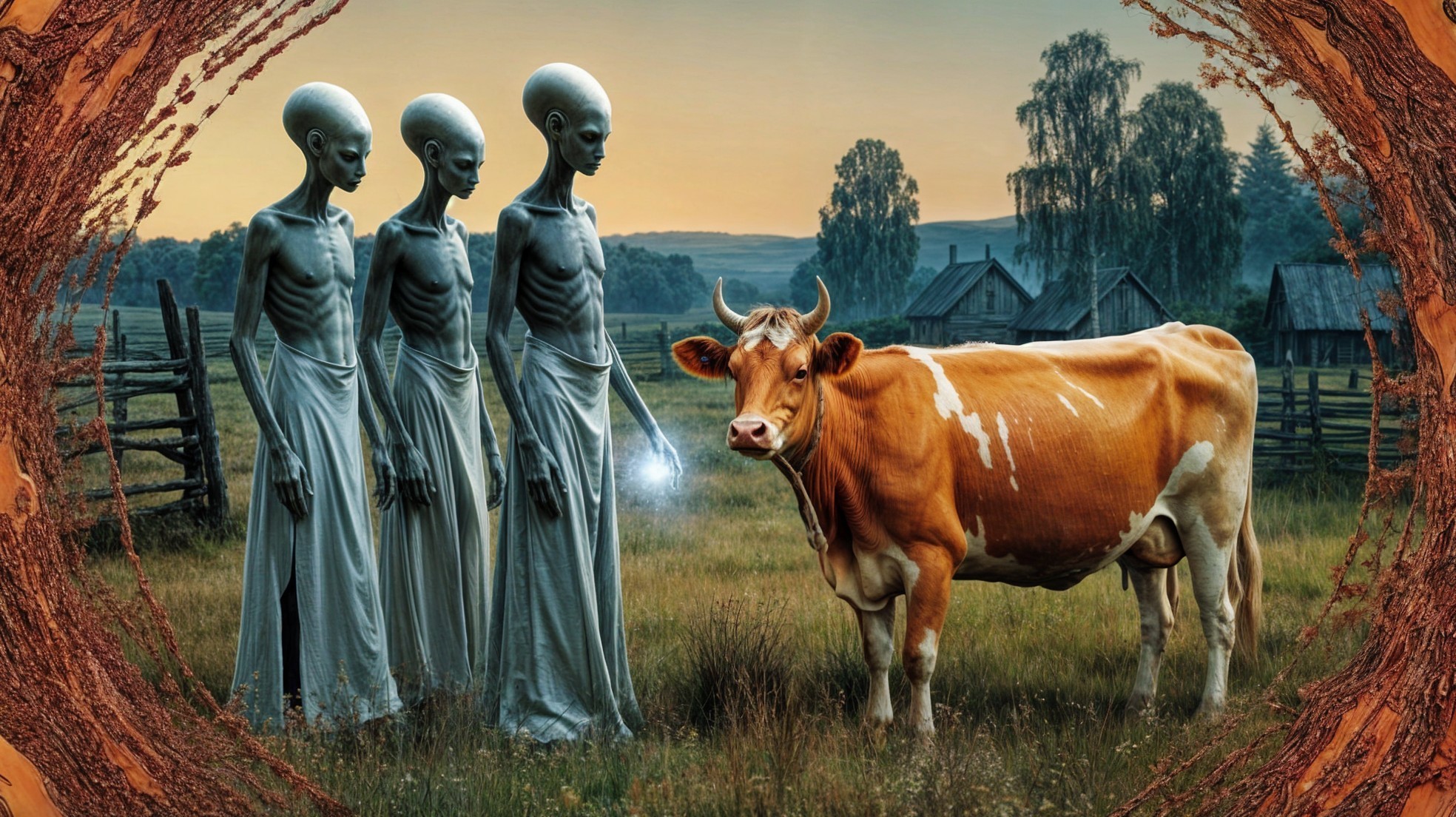 Alien Figures Observing Cow in Countryside Dawn Scene
