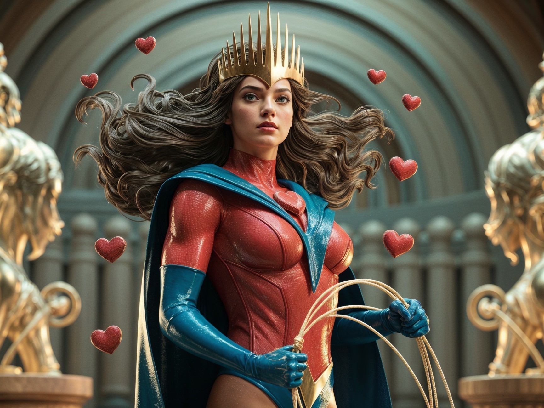 Superheroine in Red and Blue Costume with Golden Crown