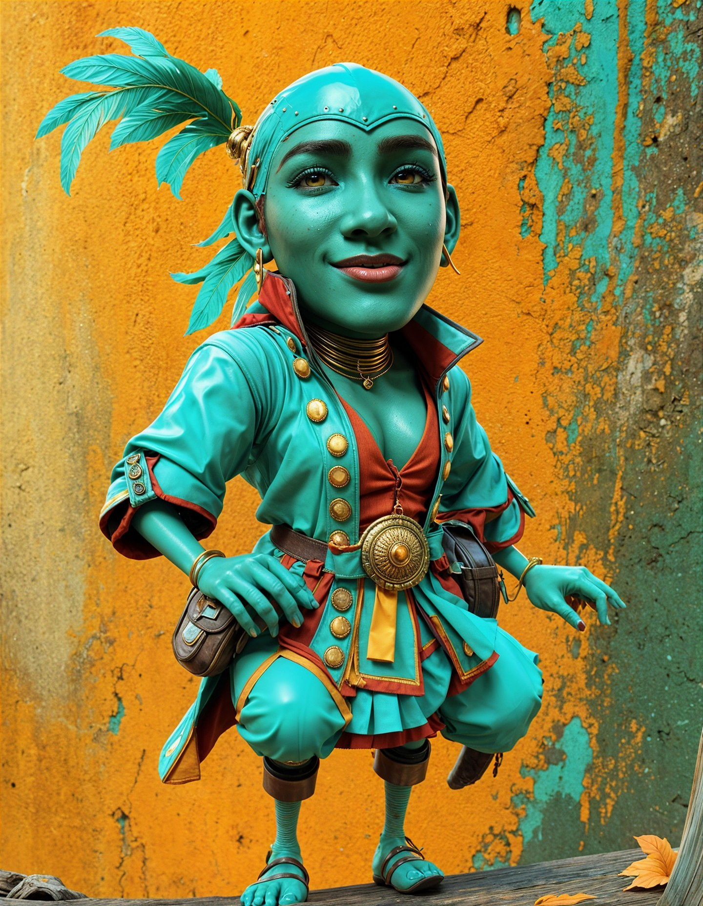 Vibrant Character with Teal Skin and Colorful Outfit