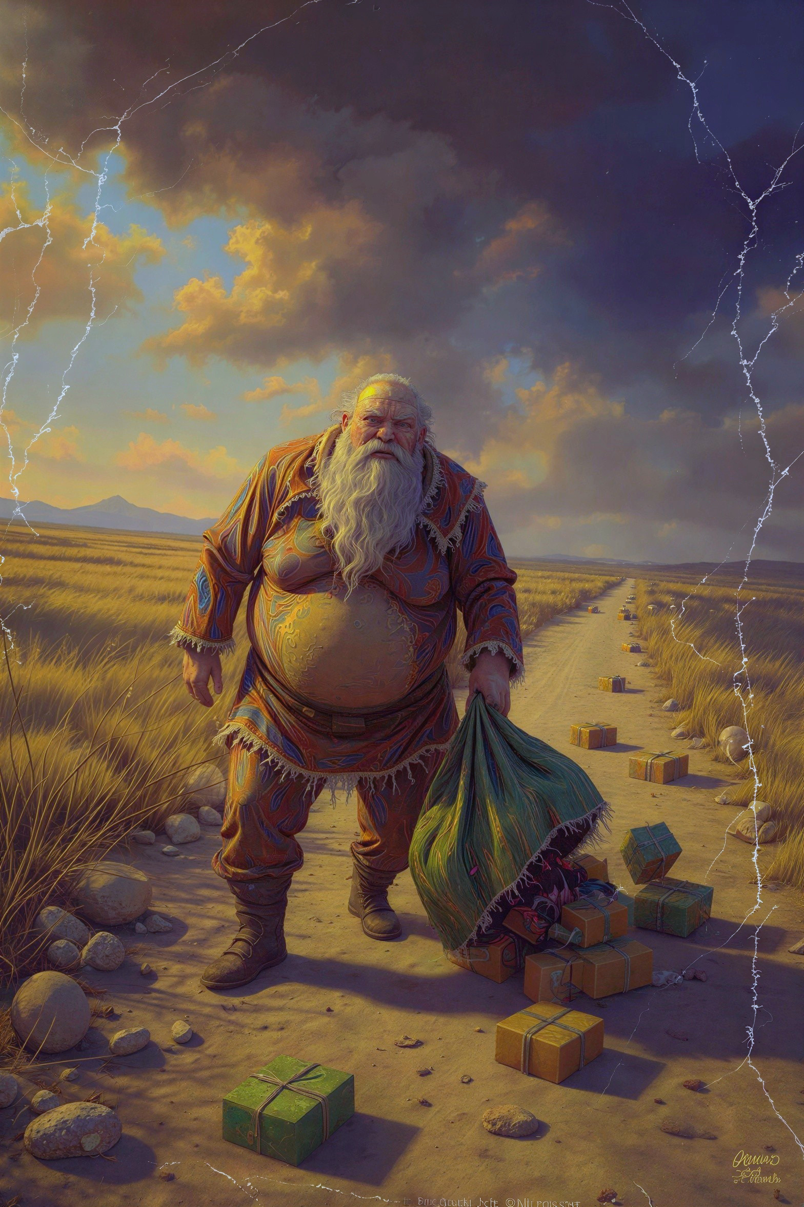 Santa Claus in a desert landscape with scattered presents