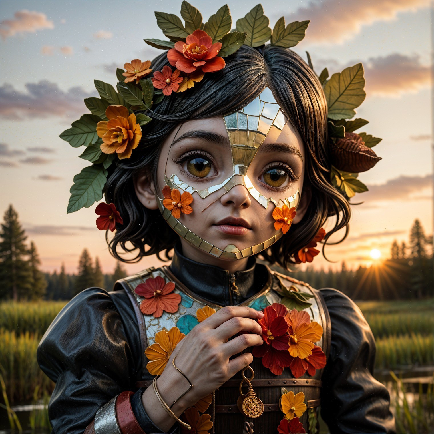Young girl with mirrored mask in sunset landscape