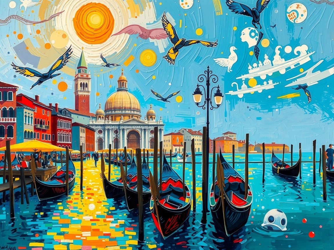 Vibrant Venice Scene with Colorful Gondolas and Canals
