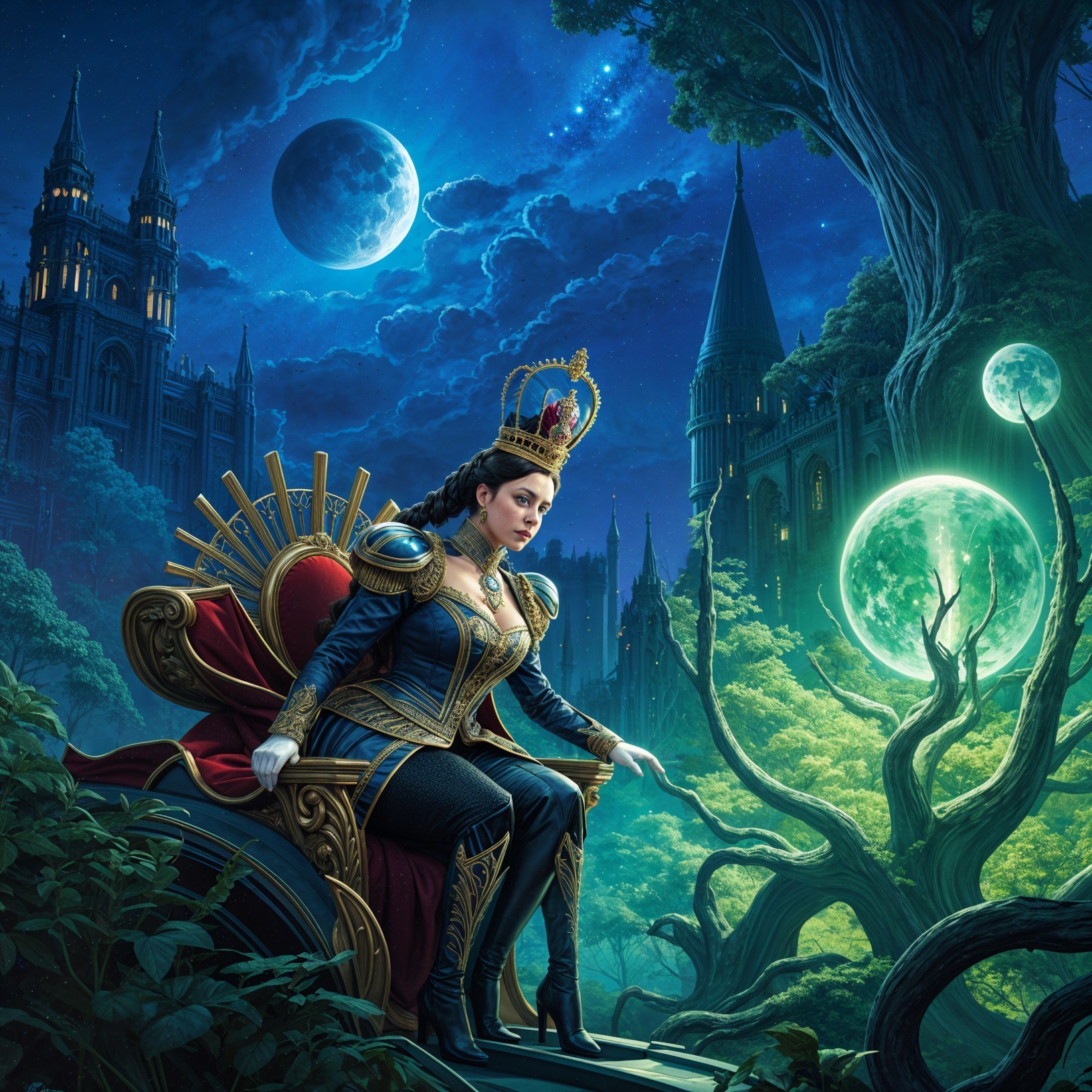 Regal figure on throne in a mystical landscape