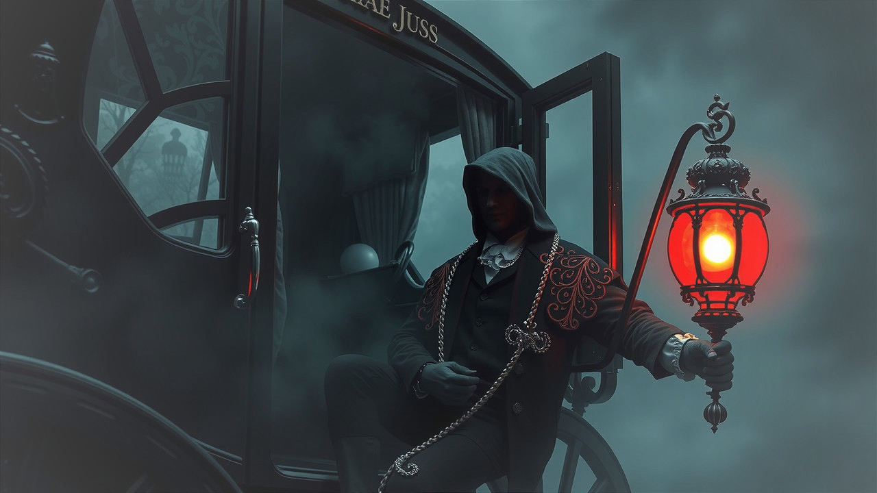 Mysterious Figure by Vintage Carriage in Foggy Scene