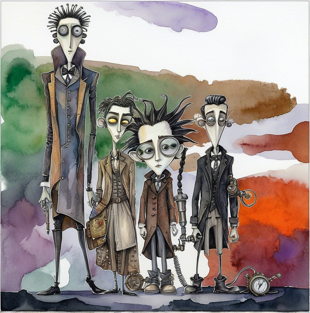 Four Distinct Characters in Abstract Watercolor Background