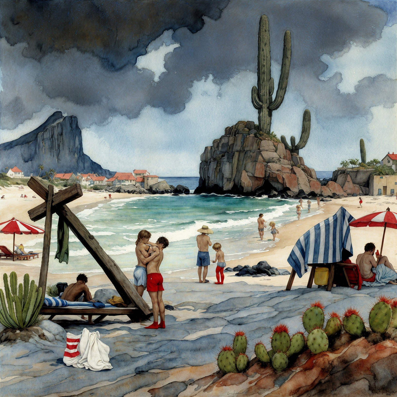 Vibrant Beach Scene with Cliffs and Cacti Background