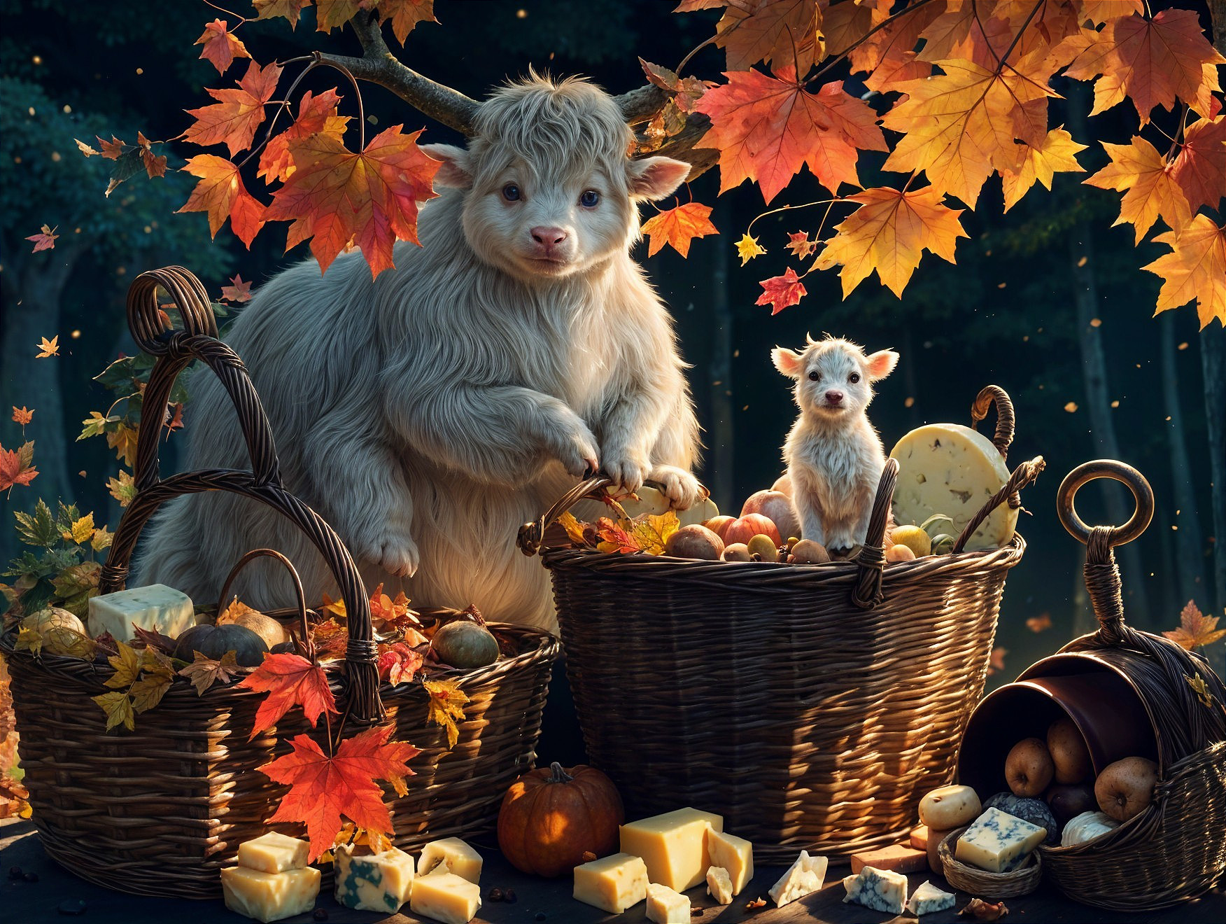 Fluffy Goat and Kid Surrounded by Autumn Leaves