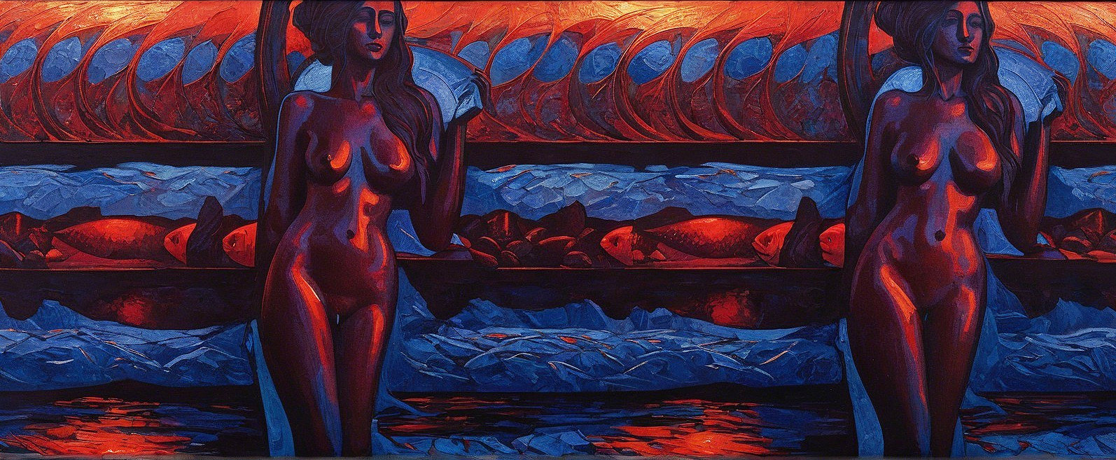 Nude Woman Against Vibrant Waves in Abstract Style