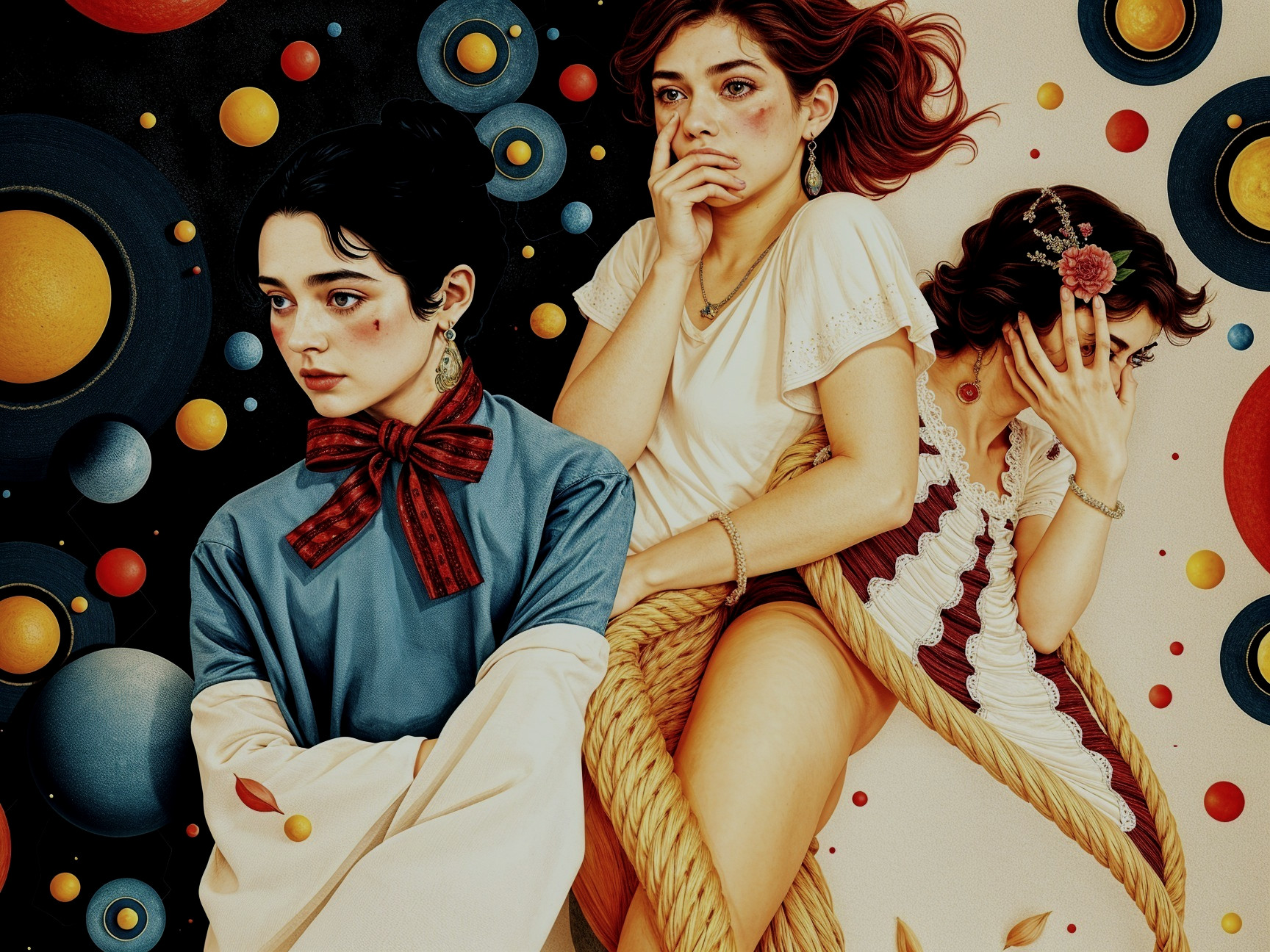 Young Women in Cosmic Setting with Distinct Expressions