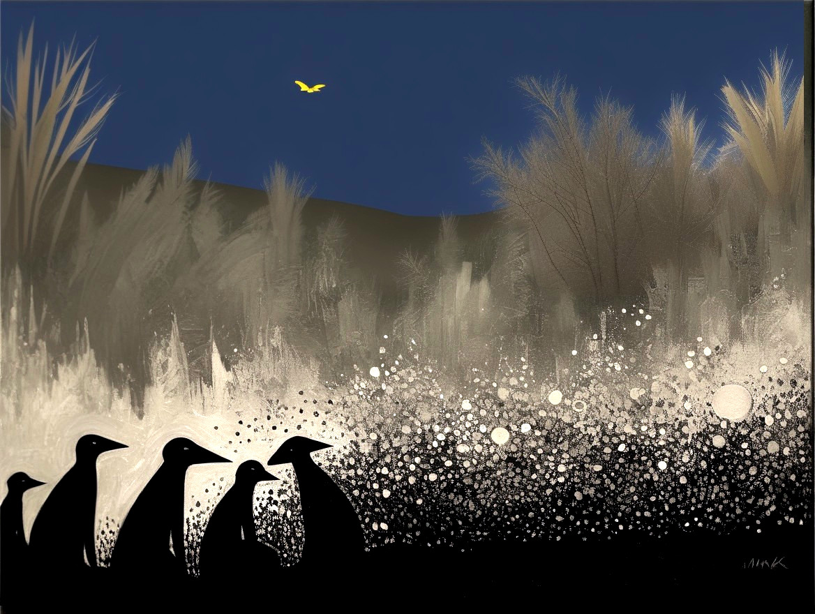 Serene Landscape with Silhouetted Penguins and Sky