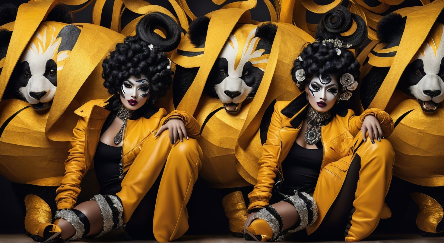 Glamorous Figure in Yellow with Stylized Pandas