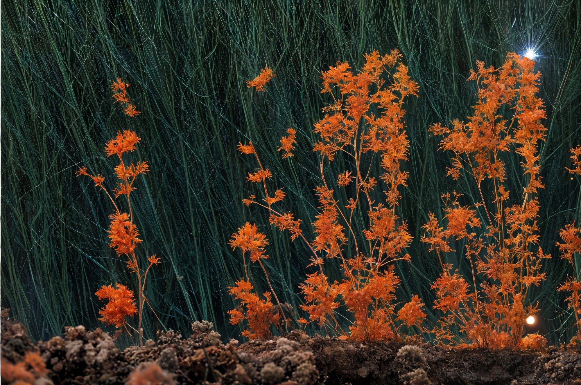Vibrant Orange Foliage with Dark Green Grasses