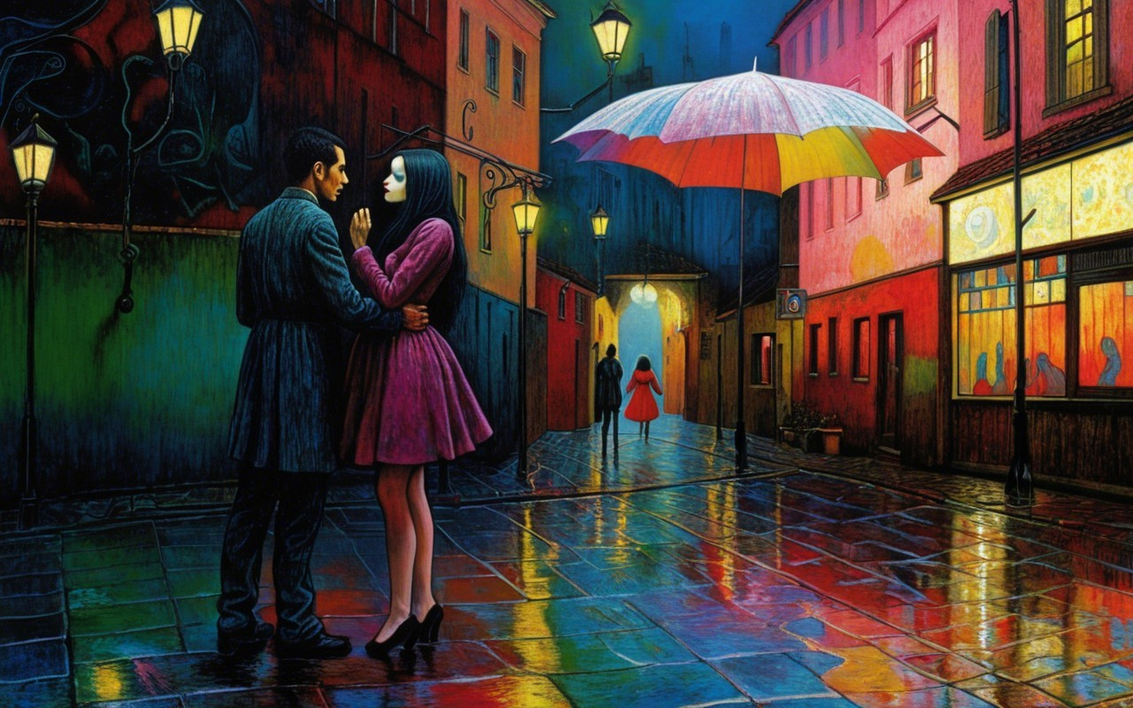 Romantic Scene on a Rain-Soaked Street with Umbrella