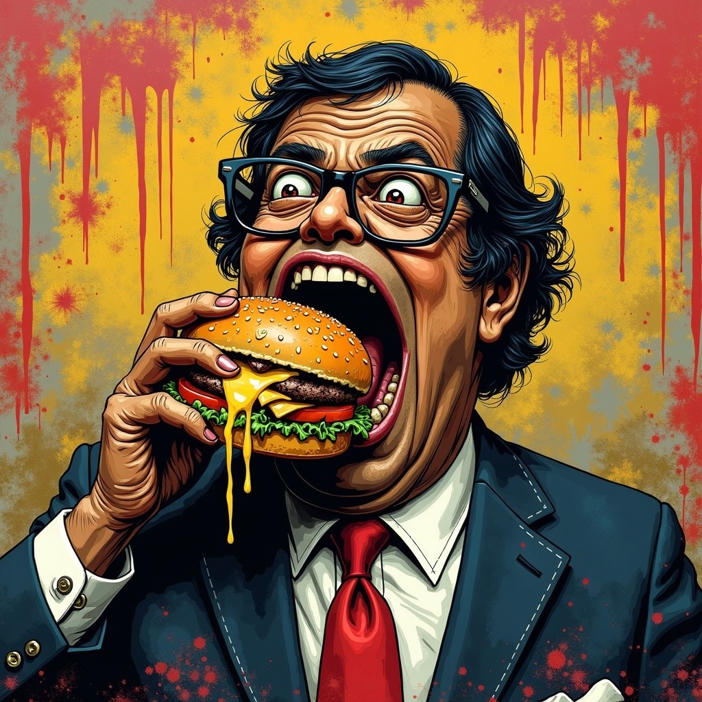 Vibrant Illustration of a Man Enjoying a Burger