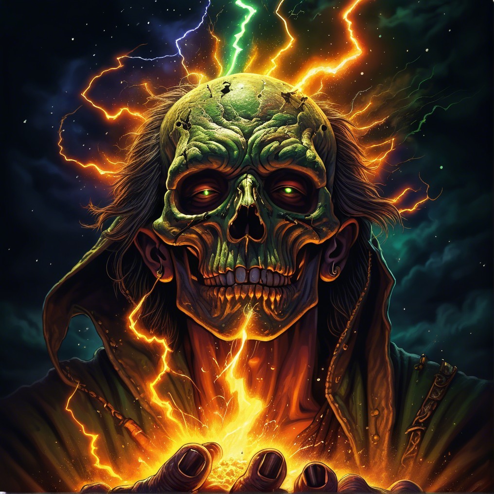 Skeletal Figure with Green Skull and Fiery Orb