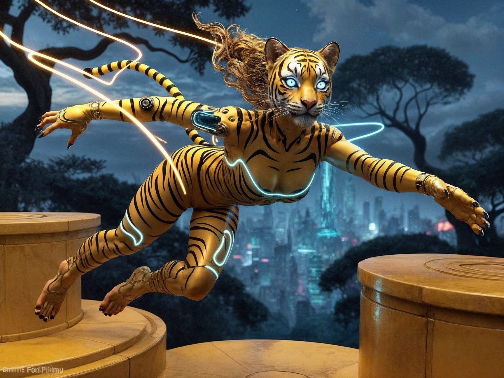 Futuristic Hybrid Figure with Tiger and Human Traits