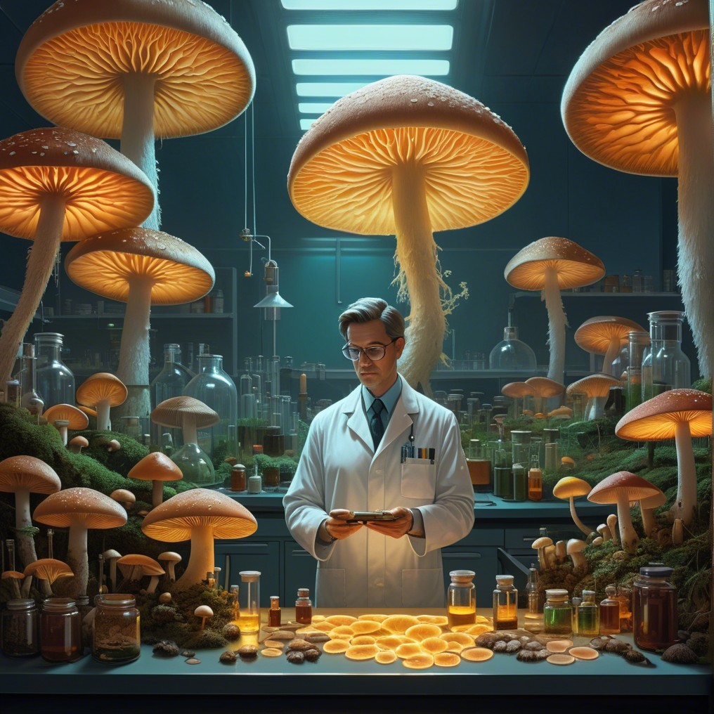Scientist Examining Samples in Mushroom-Filled Lab