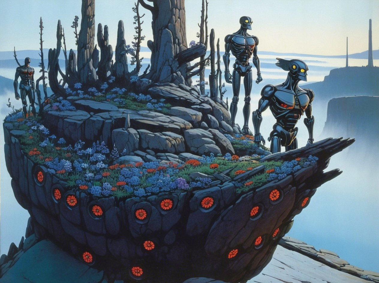 Futuristic Landscape with Robots and Vibrant Flora