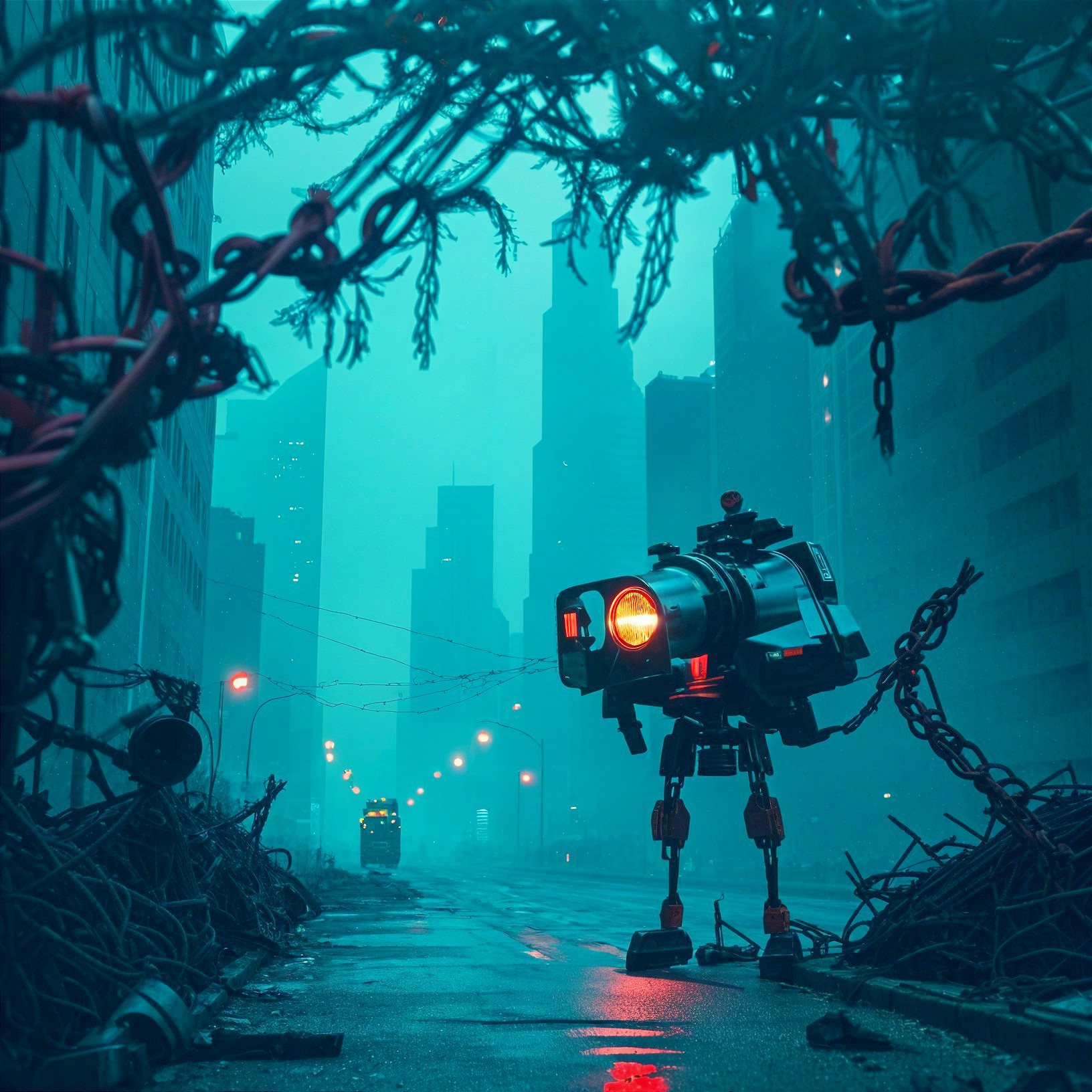 Post-Apocalyptic City with Towering Robot and Fog
