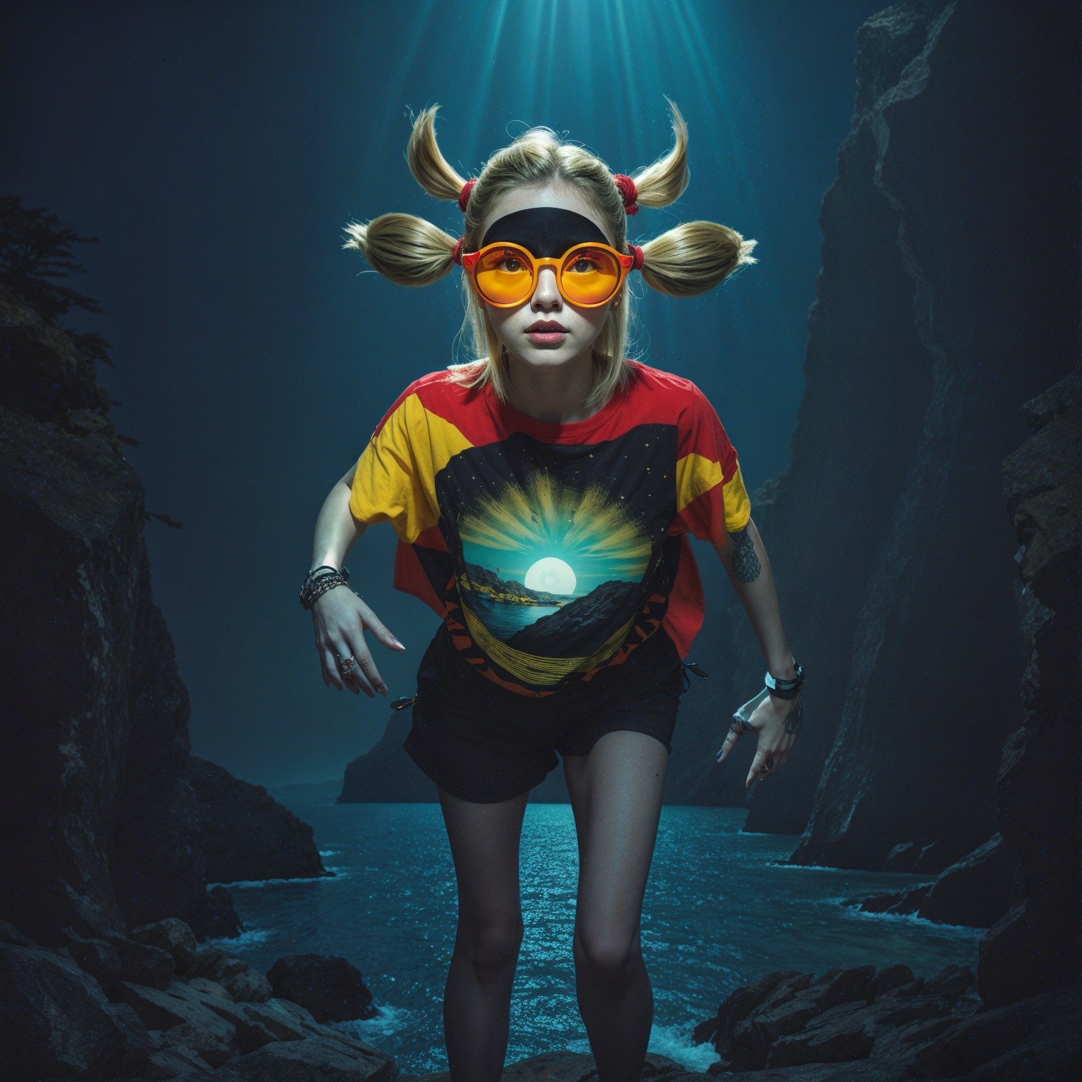 Youthful Figure with Pigtails at Coastal Canyon Scene