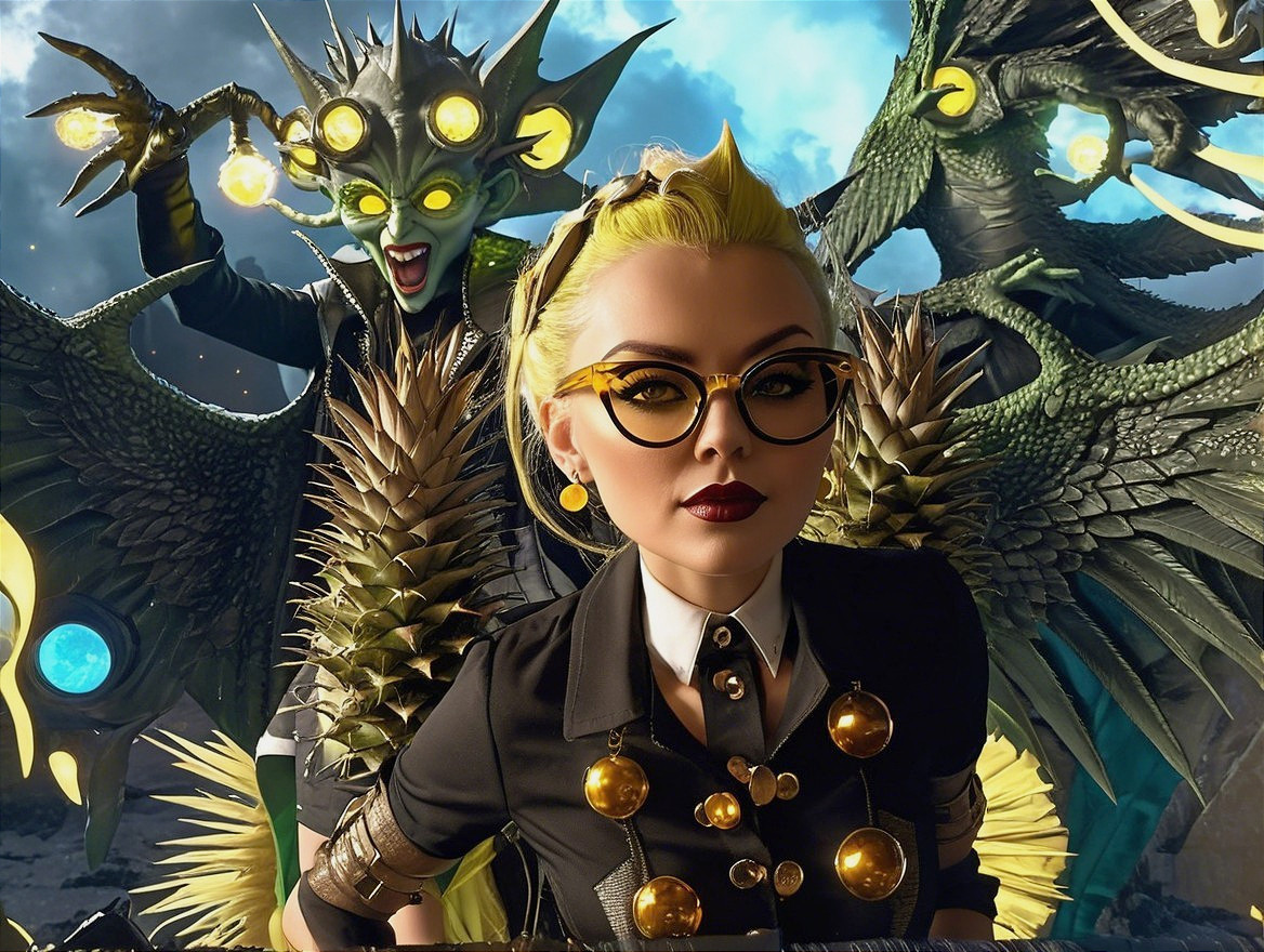 Character with Yellow Hair and Mystical Creature Background