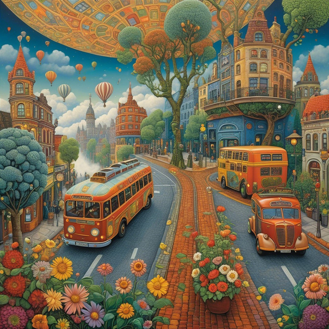 Colorful Vintage Buses in a Whimsical Cityscape