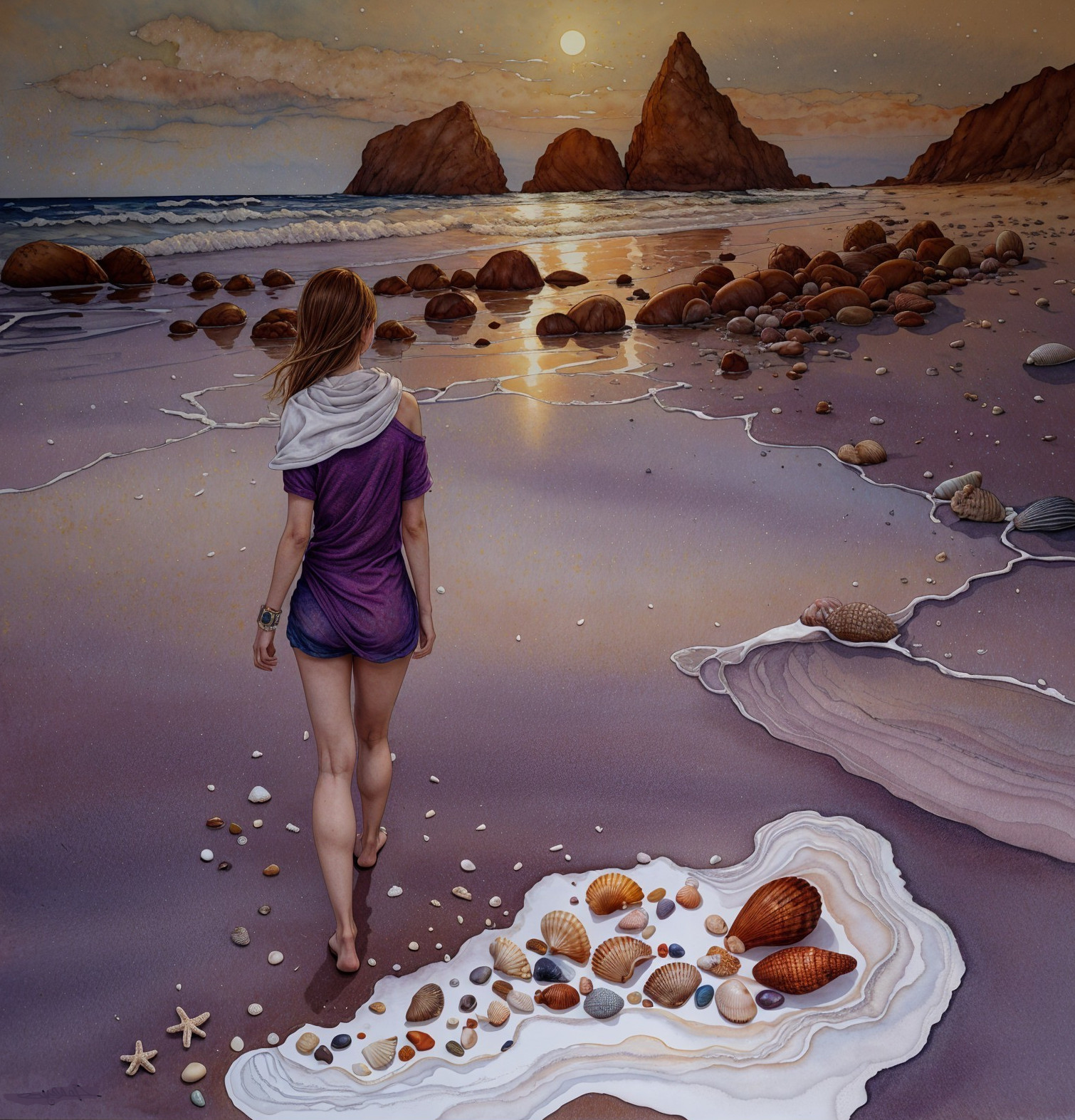 Serene Beach Sunset with Woman Walking on Shore