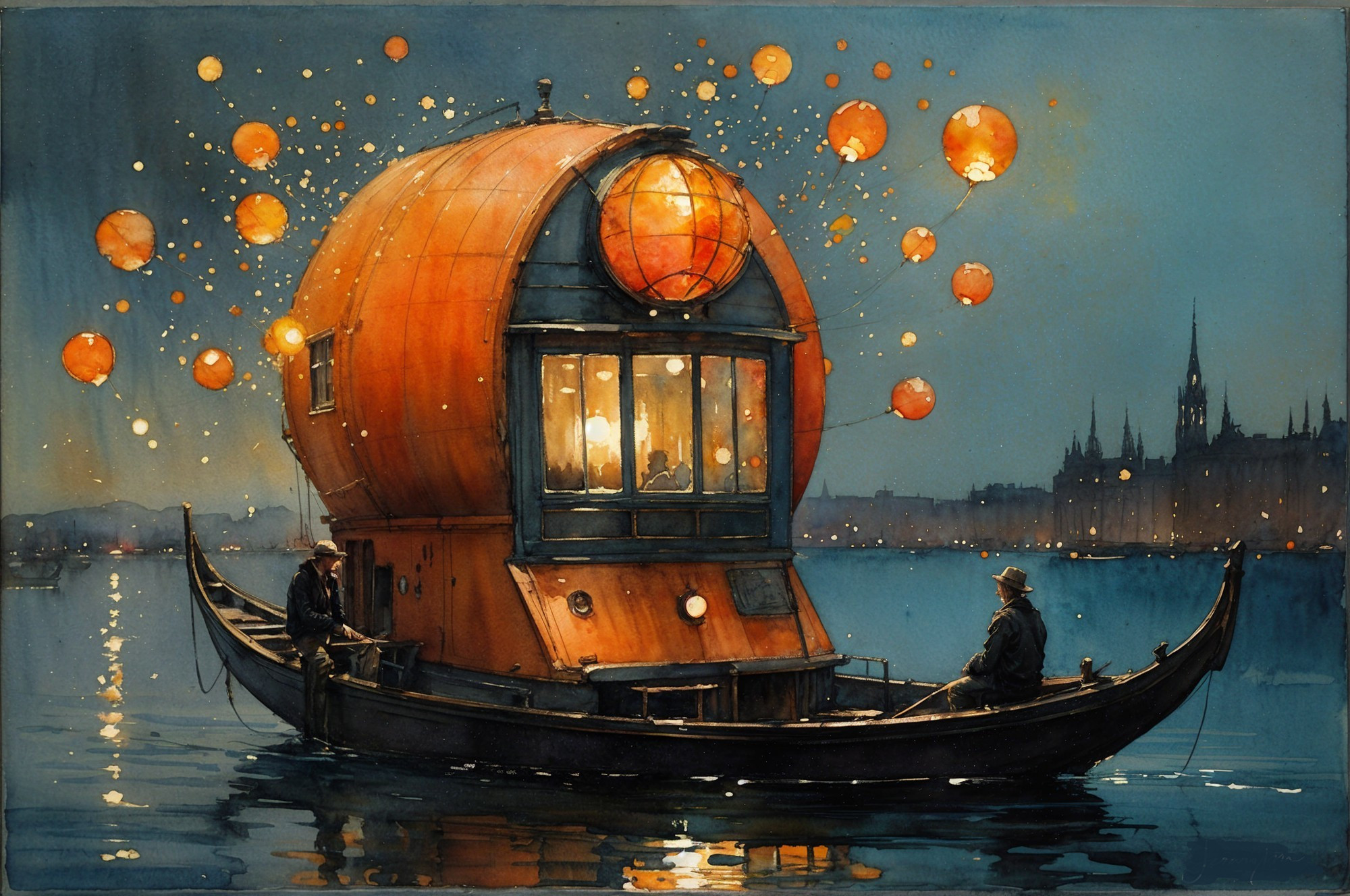 Illuminated Boat with Pumpkin Dome on Tranquil Waters