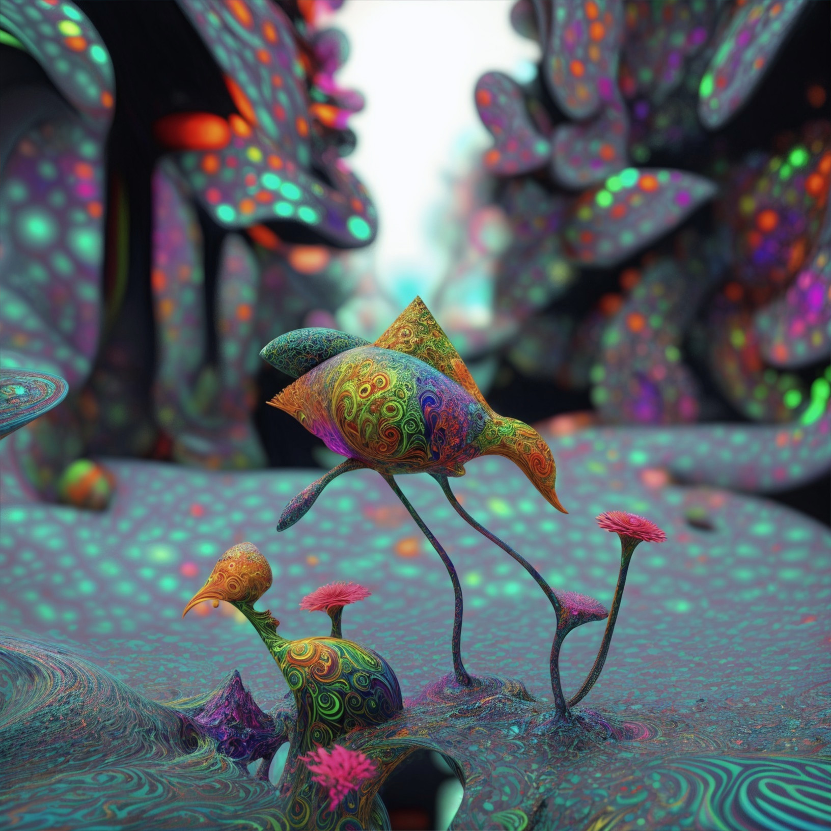 Surreal Vibrant Landscape with Colorful Patterns and Figures