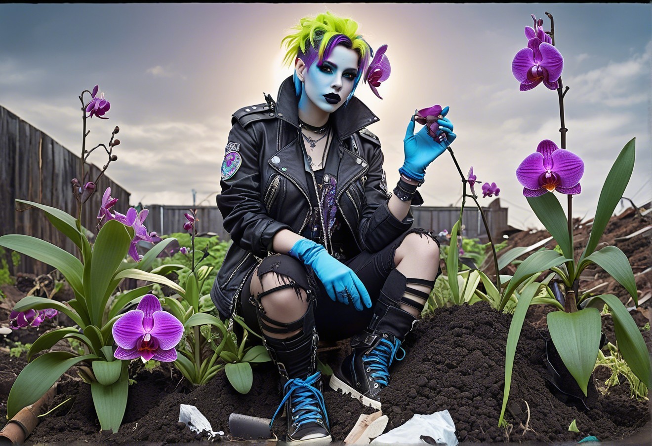 Punk Aesthetic Figure in Orchid Garden Setting