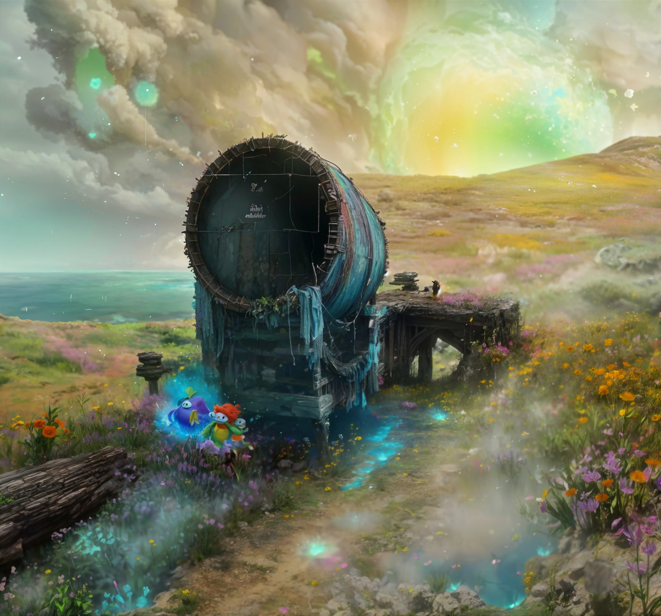 Whimsical Landscape with Barrel and Colorful Creatures