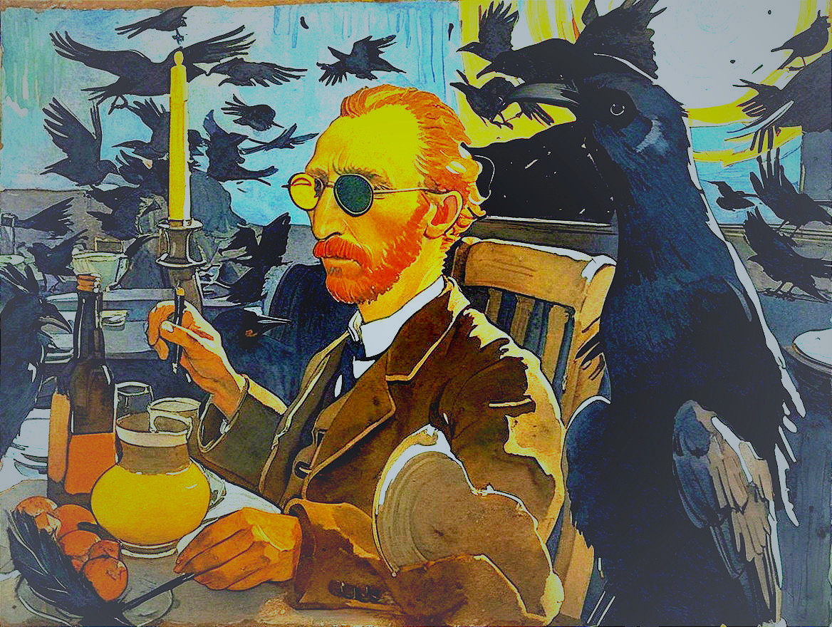 Stylized Portrait of a Man with Red Beard and Ravens