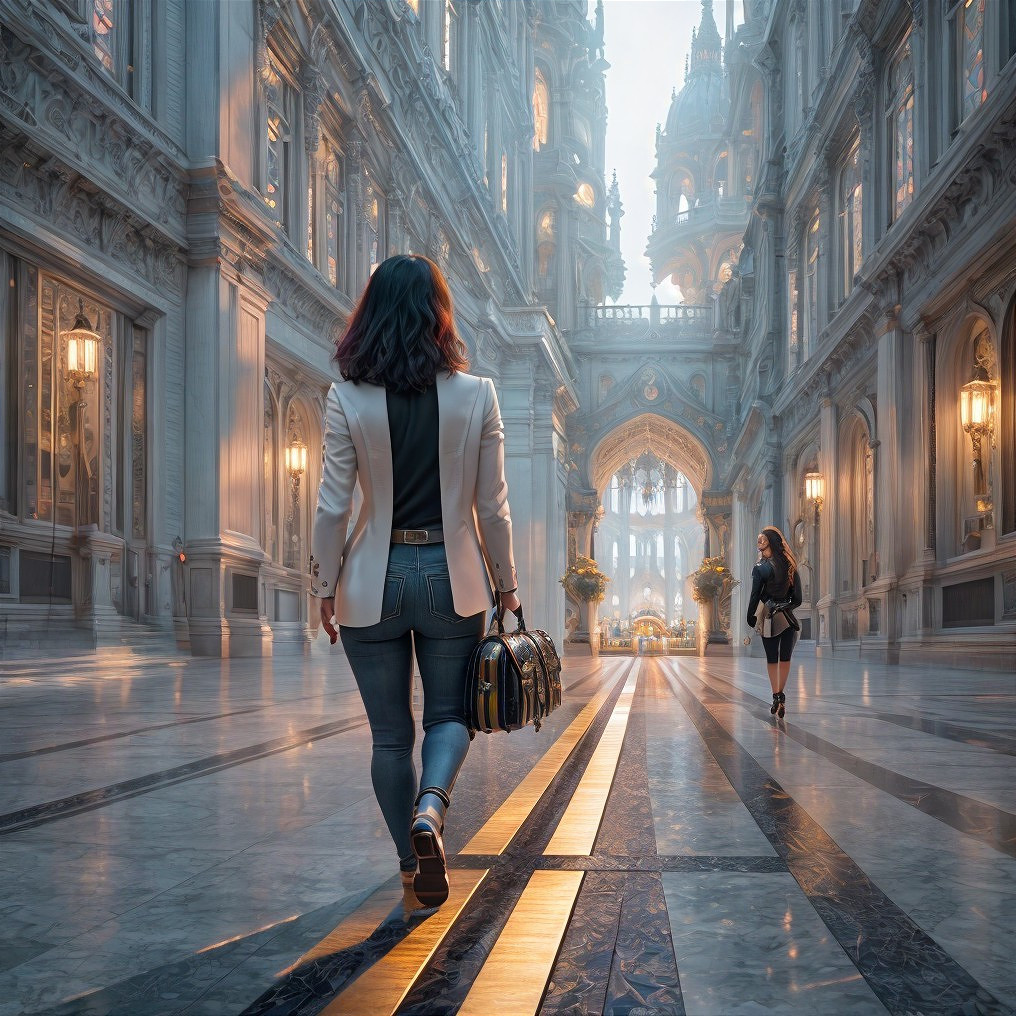 Elegant Hallway with Woman and Stylish Handbag