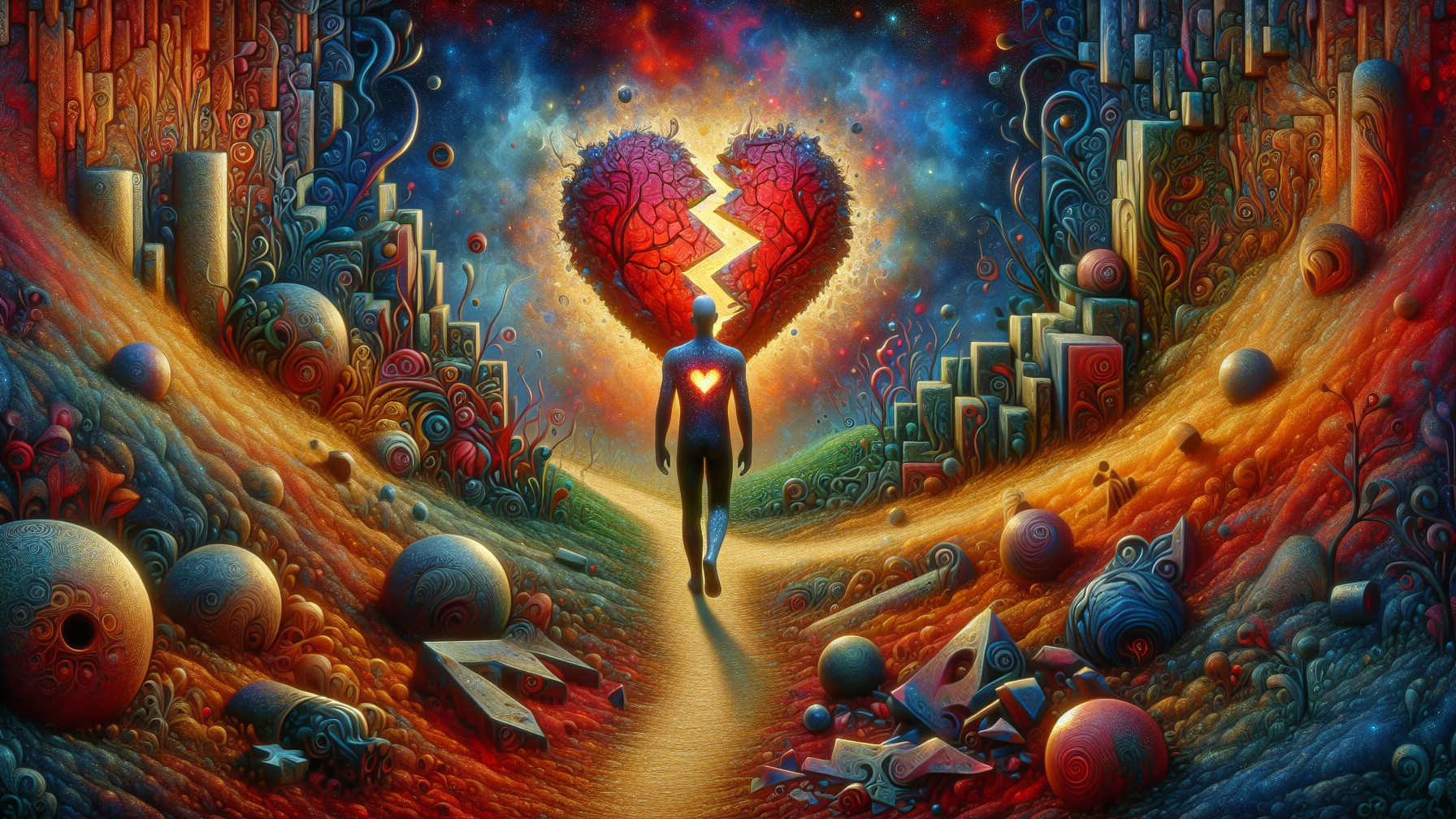 Surreal Landscape with Cosmic Colors and Heart Symbol