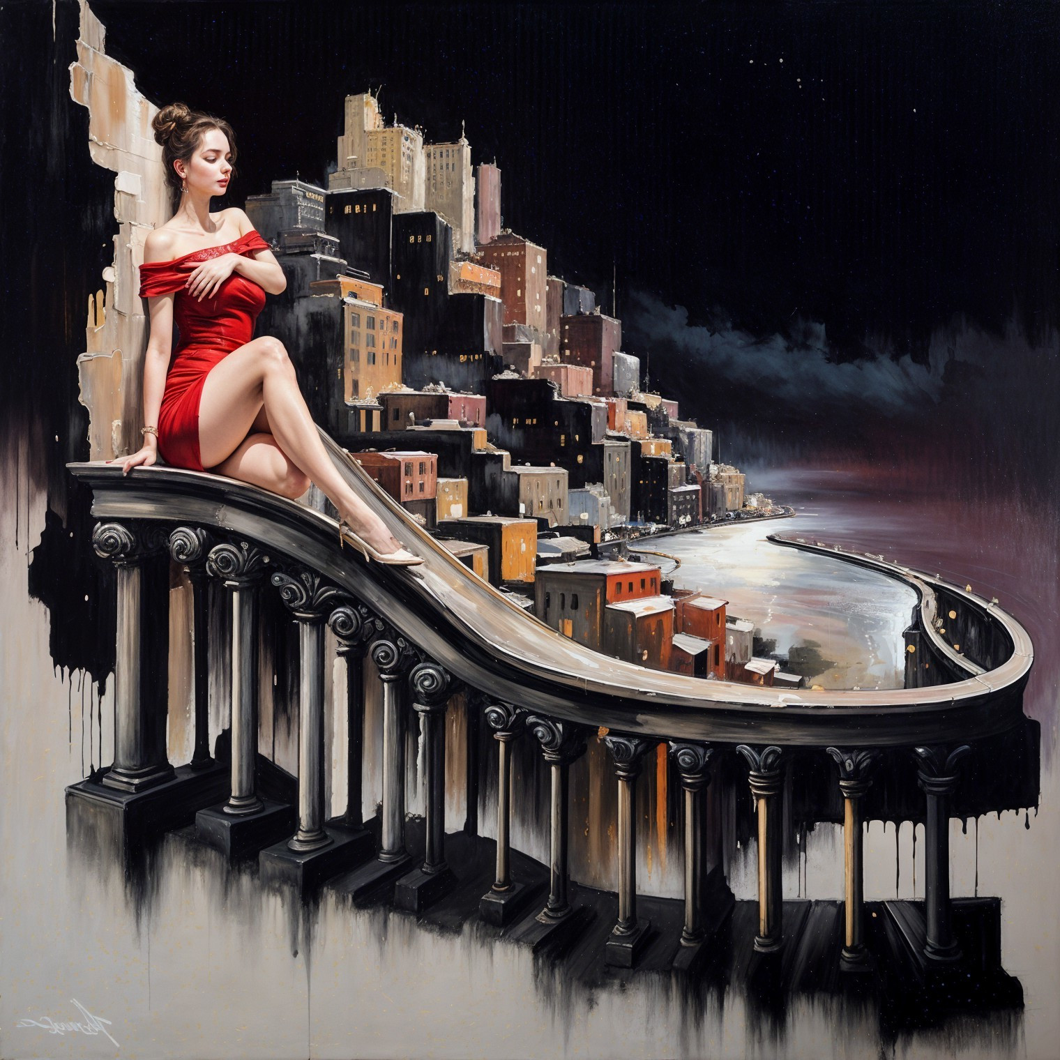 Woman in red dress on balcony in surreal cityscape