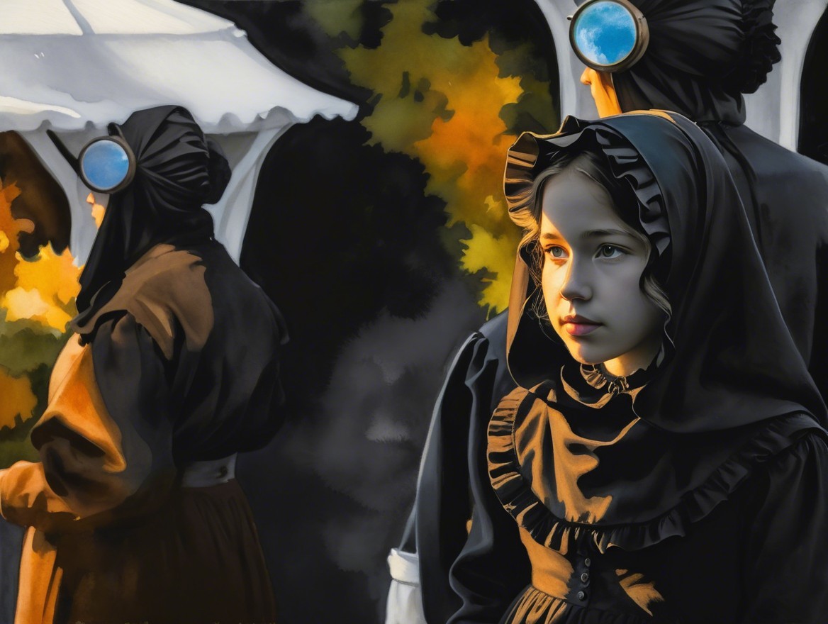 Three Figures in Dark Vintage Clothing with Veils