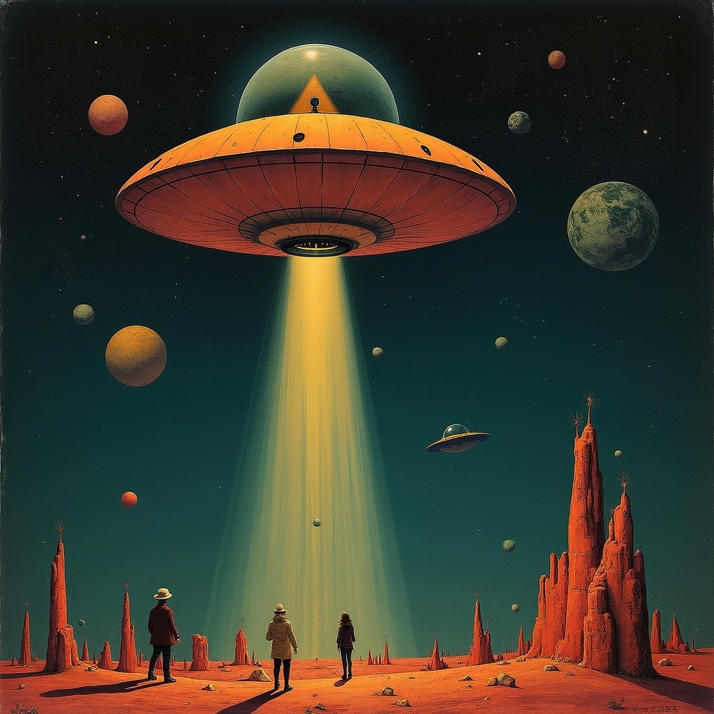 Glowing Spaceship Over Red Rocky Landscape Scene