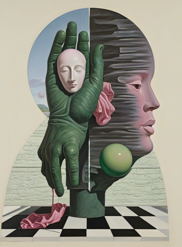 Surreal Artwork with Green Hand and Mask-like Head