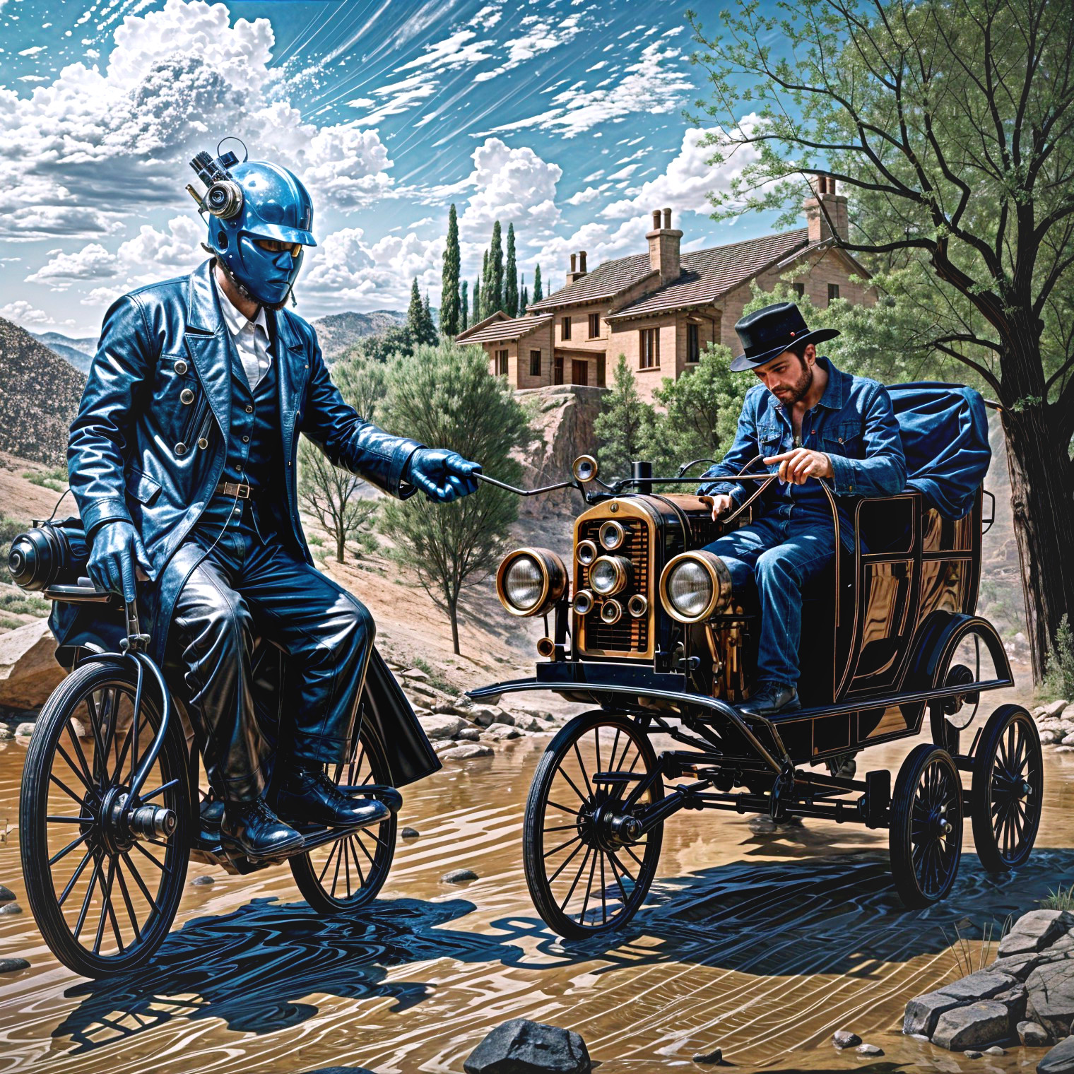 Futuristic Figure on Bicycle with Vintage Car in Landscape